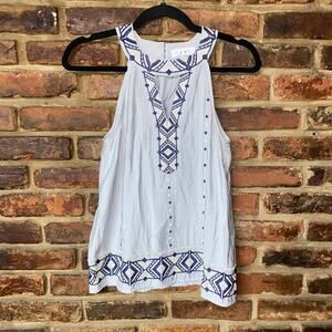 THML Blue Embroidered Sleeveless Keyhole Halter Tank Top Women's Size XS